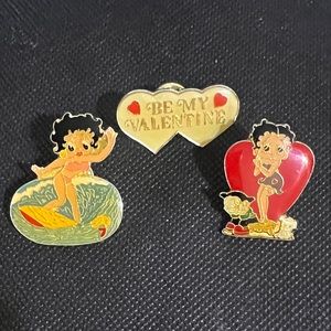 2 Betty Boop Pins & 1 Be My Valentine Pin - Vintage